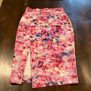 Bright pink floral midi pencil skirt